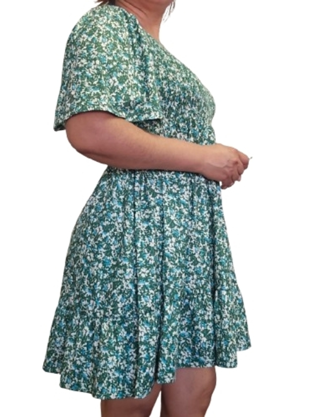 UEAL Green Floral Short Sleeve V Neck Flutter With Pockets Spring Summer Dress